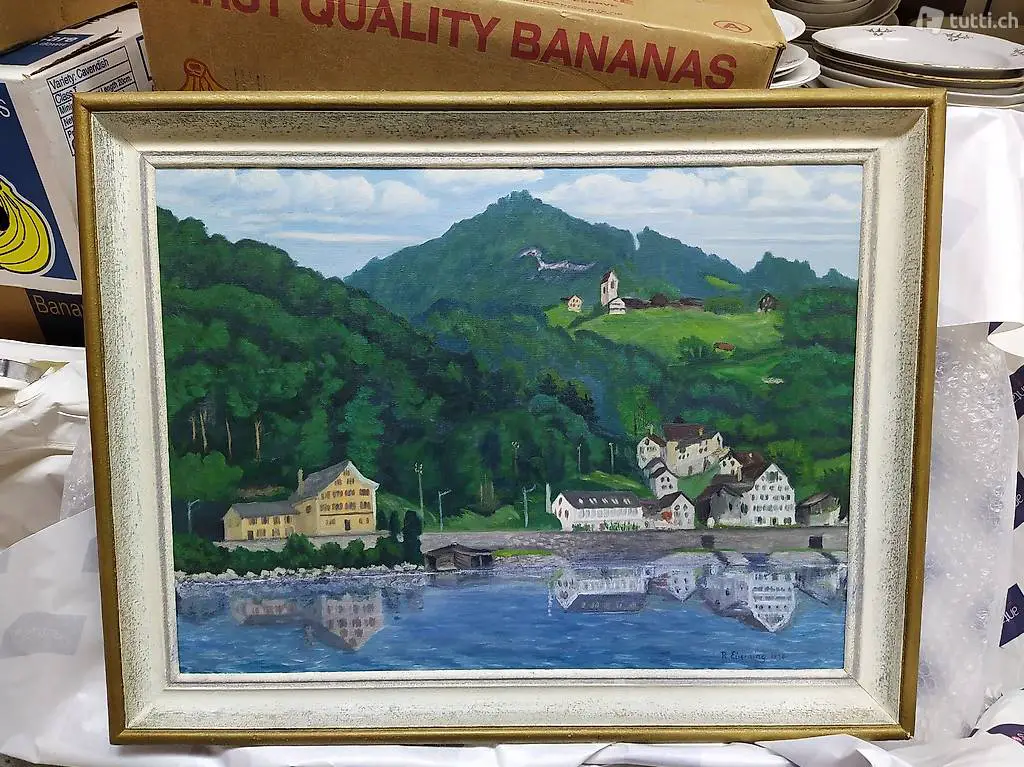 Gemälde Mühlehorn öl auf Leinwand von R.Eisenring 1958